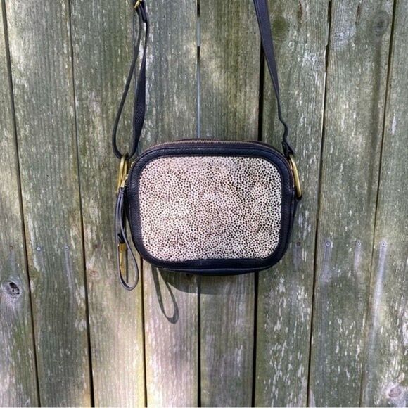 Fossil Elle Crossbody Bag Black with White Cheetah Print Cow Hide - Picture 12 of 12